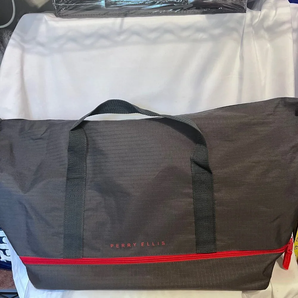 Perry Ellis-Gray& Red Tote/Satchel Travel Bag-Adjustable Shoulder Strap-Zip Bott